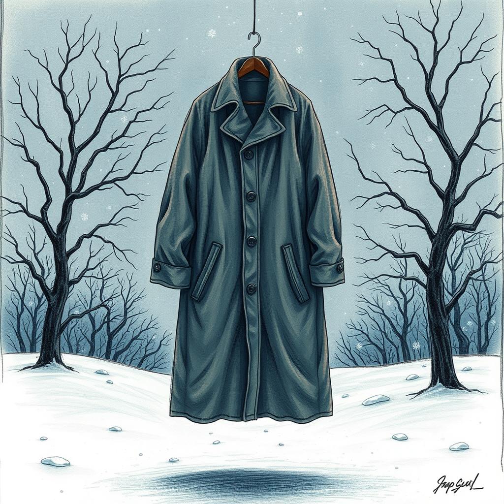 A haunting drawing that conveys the feelings of sadness, despair, and the cold of winter from the story of the coat, while deliberately avoiding the depiction of a face