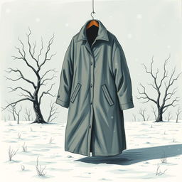 A haunting drawing that conveys the feelings of sadness, despair, and the cold of winter from the story of the coat, while deliberately avoiding the depiction of a face