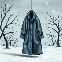 A haunting drawing that conveys the feelings of sadness, despair, and the cold of winter from the story of the coat, while deliberately avoiding the depiction of a face