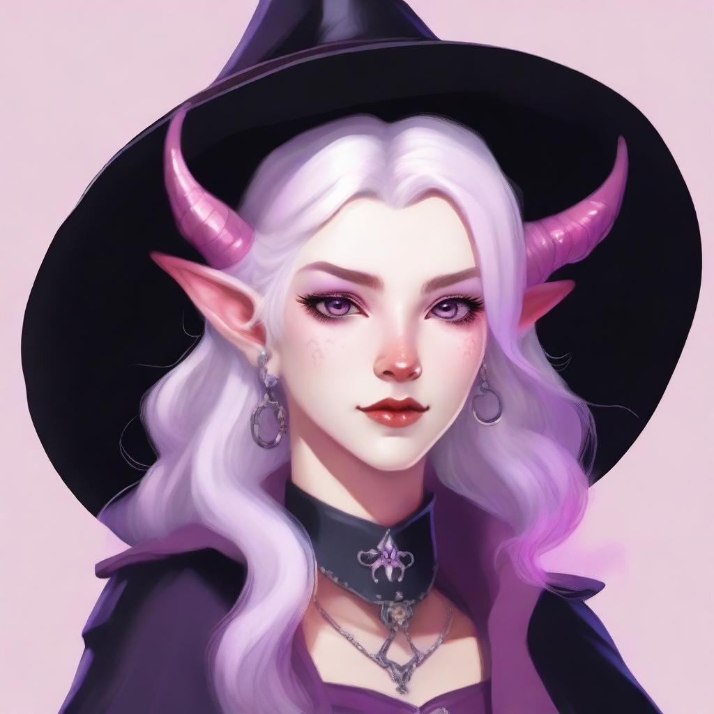 A high-resolution digital art image featuring an 18-year-old witch tiefling