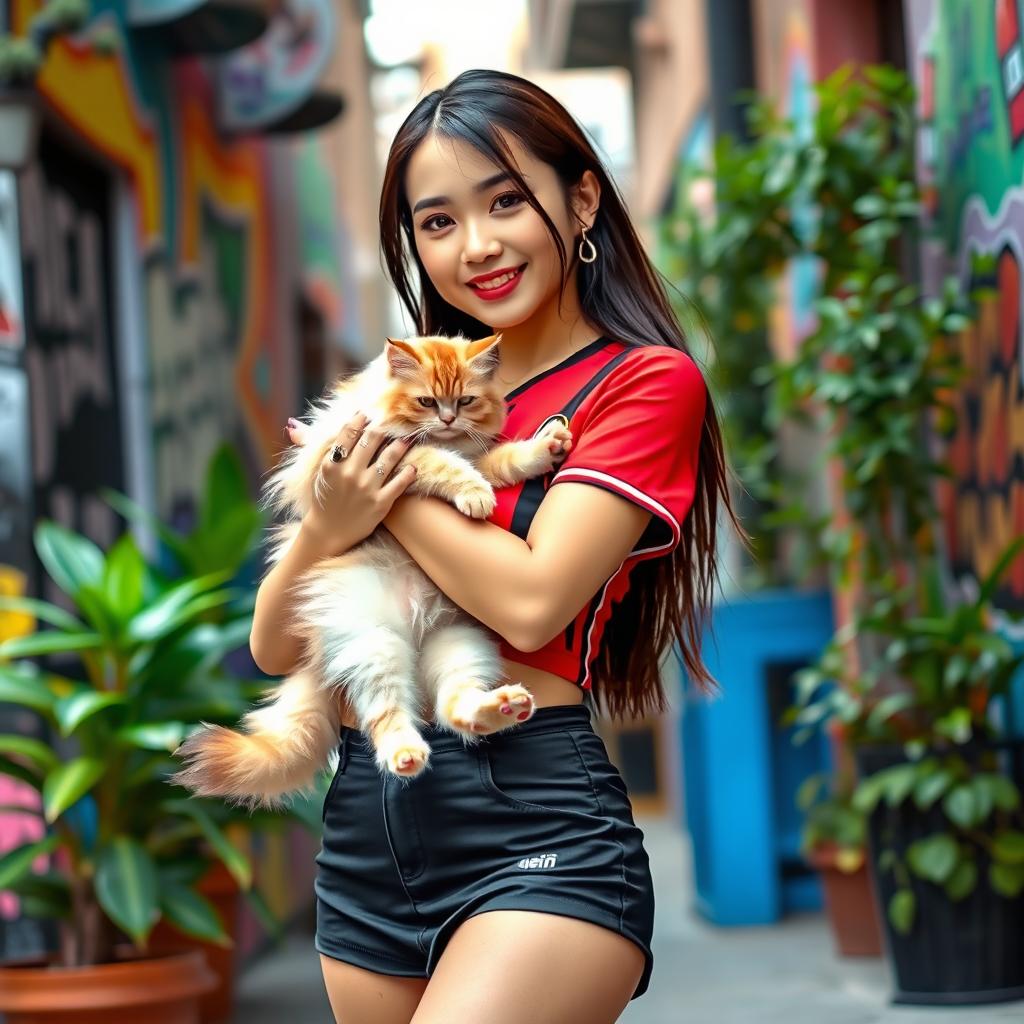 A fashionable Asian girl of Thai and Japanese descent, dressed in a trendy mini short skirt and a fitted AC Milan crop top jersey that highlights her belly button piercing