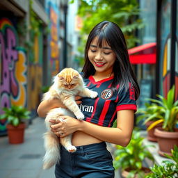 A fashionable Asian girl of Thai and Japanese descent, dressed in a trendy mini short skirt and a fitted AC Milan crop top jersey that highlights her belly button piercing