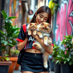 A fashionable Asian girl of Thai and Japanese descent, dressed in a trendy mini short skirt and a fitted AC Milan crop top jersey that highlights her belly button piercing
