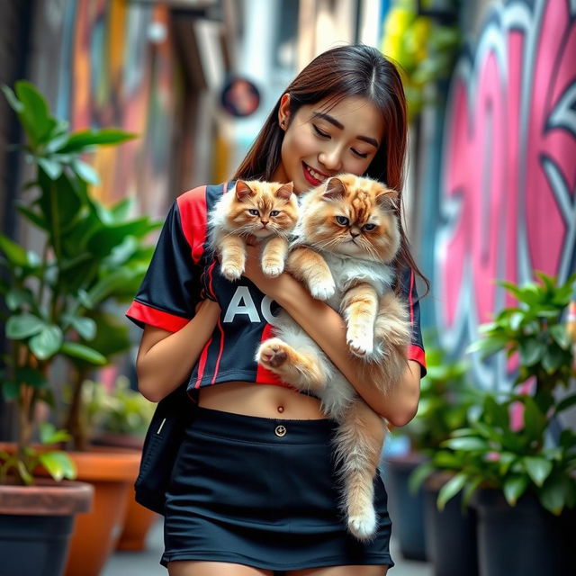 A fashionable Asian girl of Thai and Japanese descent, dressed in a trendy mini short skirt and a fitted AC Milan crop top jersey that highlights her belly button piercing