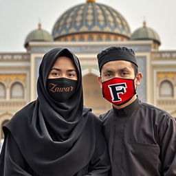 A Muslim couple standing together in front of the Shrine of Imam Hussain (a