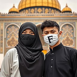 A Muslim couple standing together in front of the Shrine of Imam Hussain (a