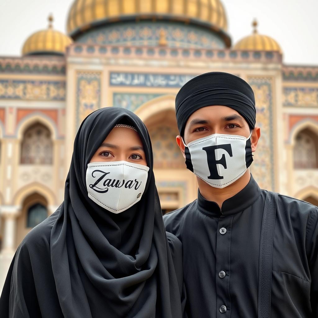 A Muslim couple standing together in front of the Shrine of Imam Hussain (a