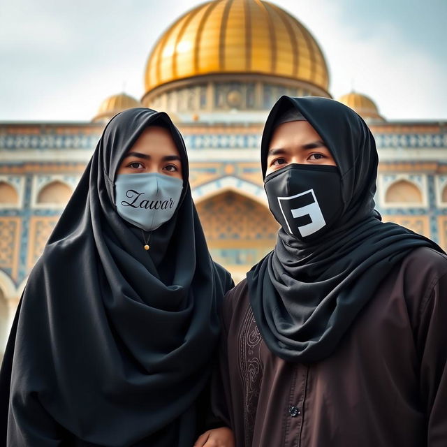 A Muslim couple standing together in front of the Shrine of Imam Hussain (a