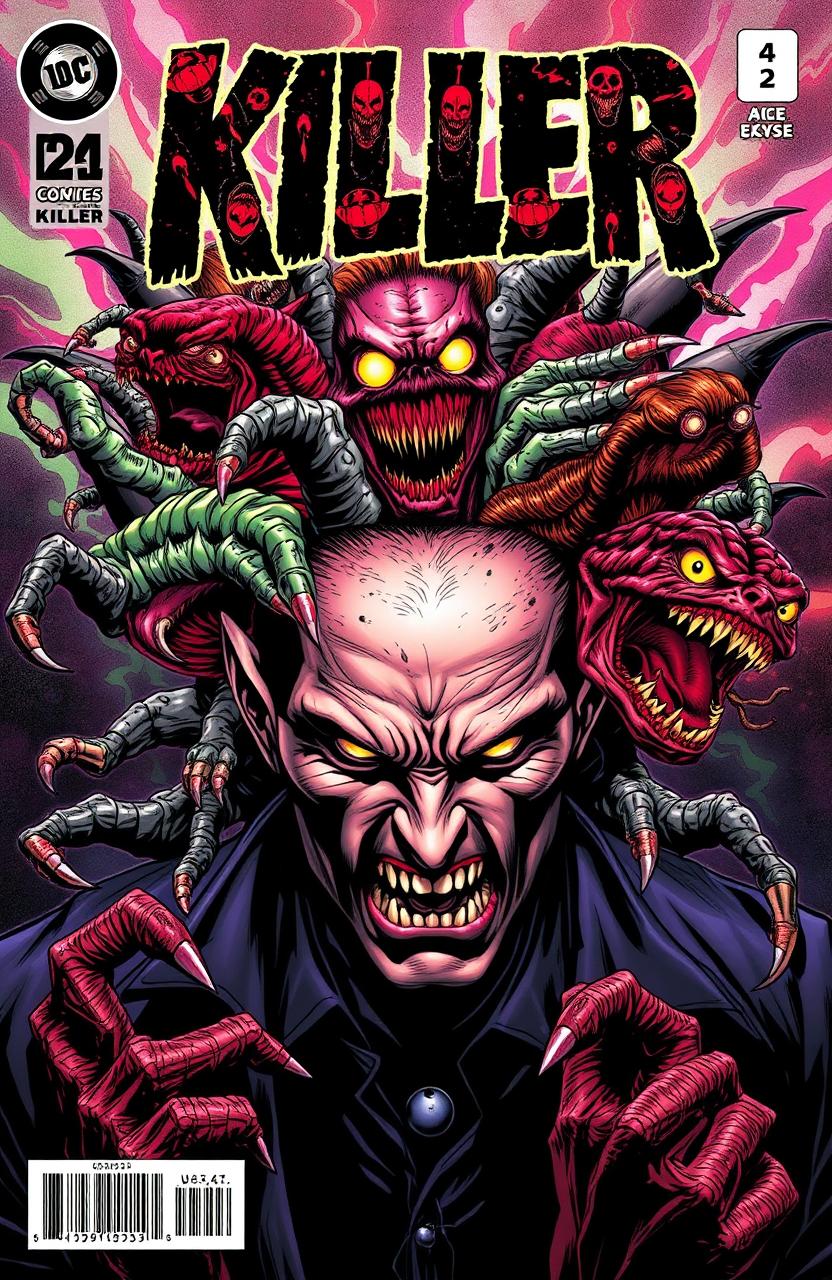 A dynamic and eye-catching comic book cover featuring a sinister-looking killer with a dark, intense expression, surrounded by nightmarish monsters bursting out of his head