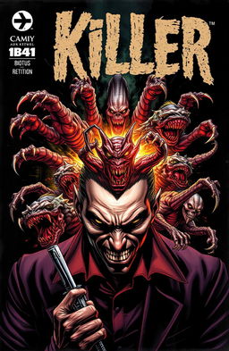 A dynamic and eye-catching comic book cover featuring a sinister-looking killer with a dark, intense expression, surrounded by nightmarish monsters bursting out of his head