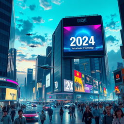 A futuristic sci-fi cityscape in the year 2024, showcasing advanced architecture with sleek glass buildings, vibrant neon lights illuminating the streets, flying cars zipping through the air, and bustling crowds of diverse people in stylish, modern clothing