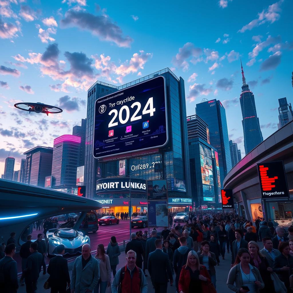 A futuristic sci-fi cityscape in the year 2024, showcasing advanced architecture with sleek glass buildings, vibrant neon lights illuminating the streets, flying cars zipping through the air, and bustling crowds of diverse people in stylish, modern clothing