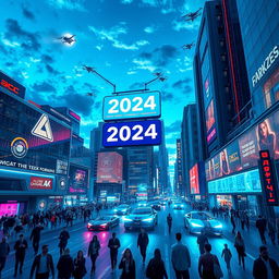 A futuristic sci-fi cityscape in the year 2024, showcasing advanced architecture with sleek glass buildings, vibrant neon lights illuminating the streets, flying cars zipping through the air, and bustling crowds of diverse people in stylish, modern clothing