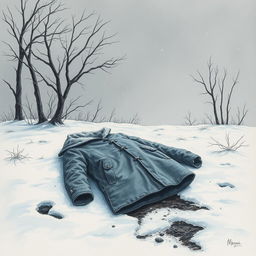 A powerful drawing that evokes feelings of sadness, despair, and the cold of winter from the story of the coat, intentionally avoiding the depiction of a face or any ghostly figures