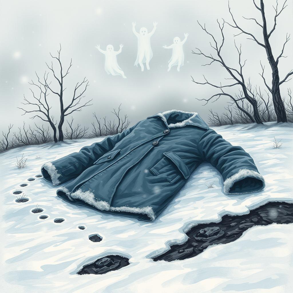 A powerful drawing that evokes feelings of sadness, despair, and the cold of winter from the story of the coat, intentionally avoiding the depiction of a face or any ghostly figures