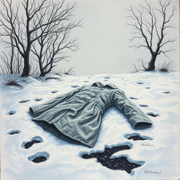 A powerful drawing that evokes feelings of sadness, despair, and the cold of winter from the story of the coat, intentionally avoiding the depiction of a face or any ghostly figures