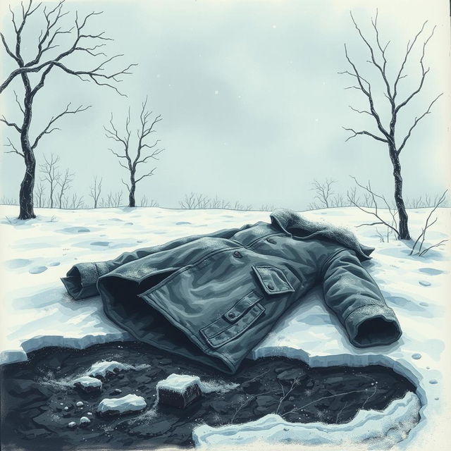 A powerful drawing that evokes feelings of sadness, despair, and the cold of winter from the story of the coat, intentionally avoiding the depiction of a face or any ghostly figures