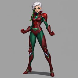 Create a hero suit for an 18-year-old female hero named Crimson