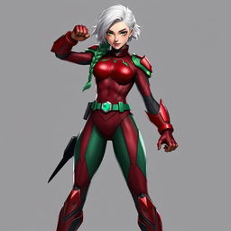 Create a hero suit for an 18-year-old female hero named Crimson