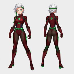Create a hero suit for an 18-year-old female hero named Crimson