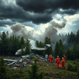 A dramatic scene depicting a plane crash in a forested area, with smoke billowing from the wreckage