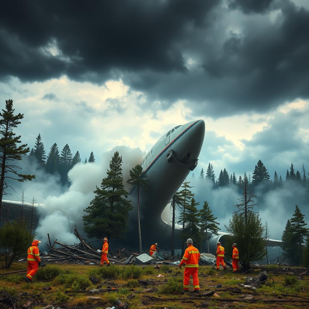 A dramatic scene depicting a plane crash in a forested area, with smoke billowing from the wreckage