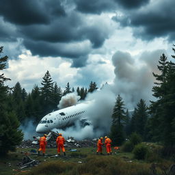 A dramatic scene depicting a plane crash in a forested area, with smoke billowing from the wreckage