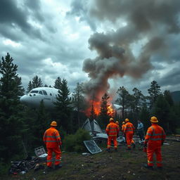 A dramatic scene depicting a plane crash in a forested area, with smoke billowing from the wreckage