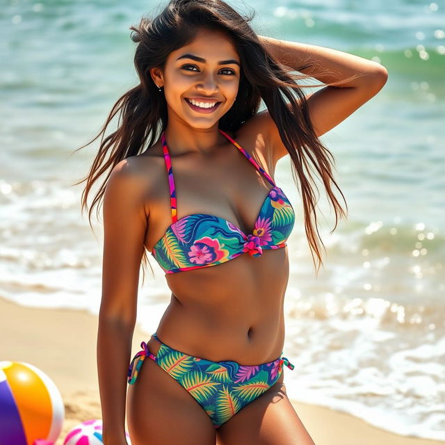 An attractive Indian girl in a colorful bikini, enjoying a day at the beach