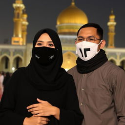A Muslim couple standing together, with the woman wearing a hijab that fully covers her hair, dressed in a beautiful, elegant black dress