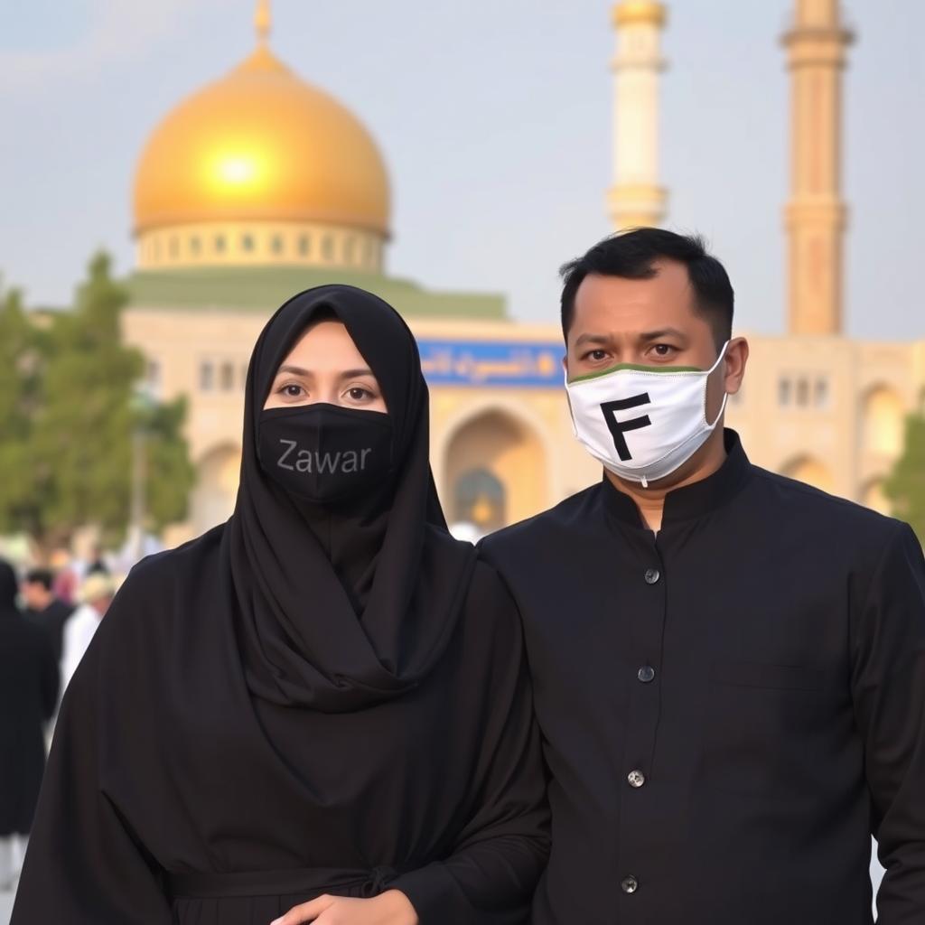 A Muslim couple standing together, with the woman wearing a hijab that fully covers her hair, dressed in a beautiful, elegant black dress