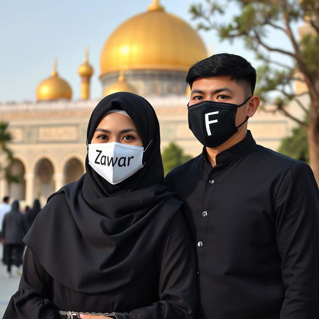 A Muslim couple standing together, with the woman wearing a hijab that fully covers her hair, dressed in a beautiful, elegant black dress