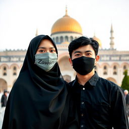 A Muslim couple standing together, with the woman wearing a hijab that fully covers her hair, dressed in a beautiful, elegant black dress