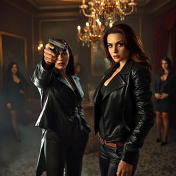 A tense scene in a dimly lit room where a group of mafia women is gathered