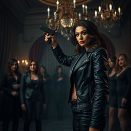 A tense scene in a dimly lit room where a group of mafia women is gathered