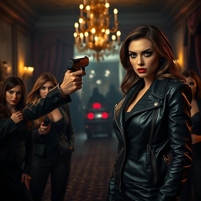 A tense scene in a dimly lit room where a group of mafia women is gathered