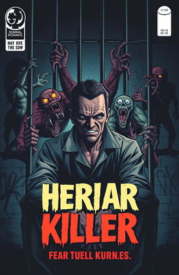 A gripping comic book cover featuring a sinister scene centered on a male serial killer sitting in a prison cell on death row