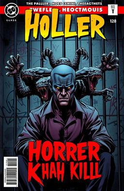 A gripping comic book cover featuring a sinister scene centered on a male serial killer sitting in a prison cell on death row