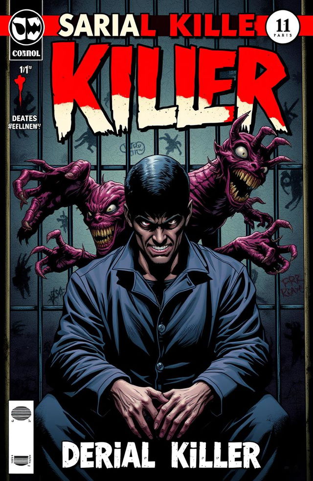 A gripping comic book cover featuring a sinister scene centered on a male serial killer sitting in a prison cell on death row