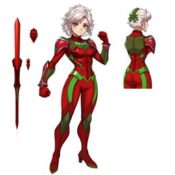 A hero suit design for an 18-year-old female hero named Crimson