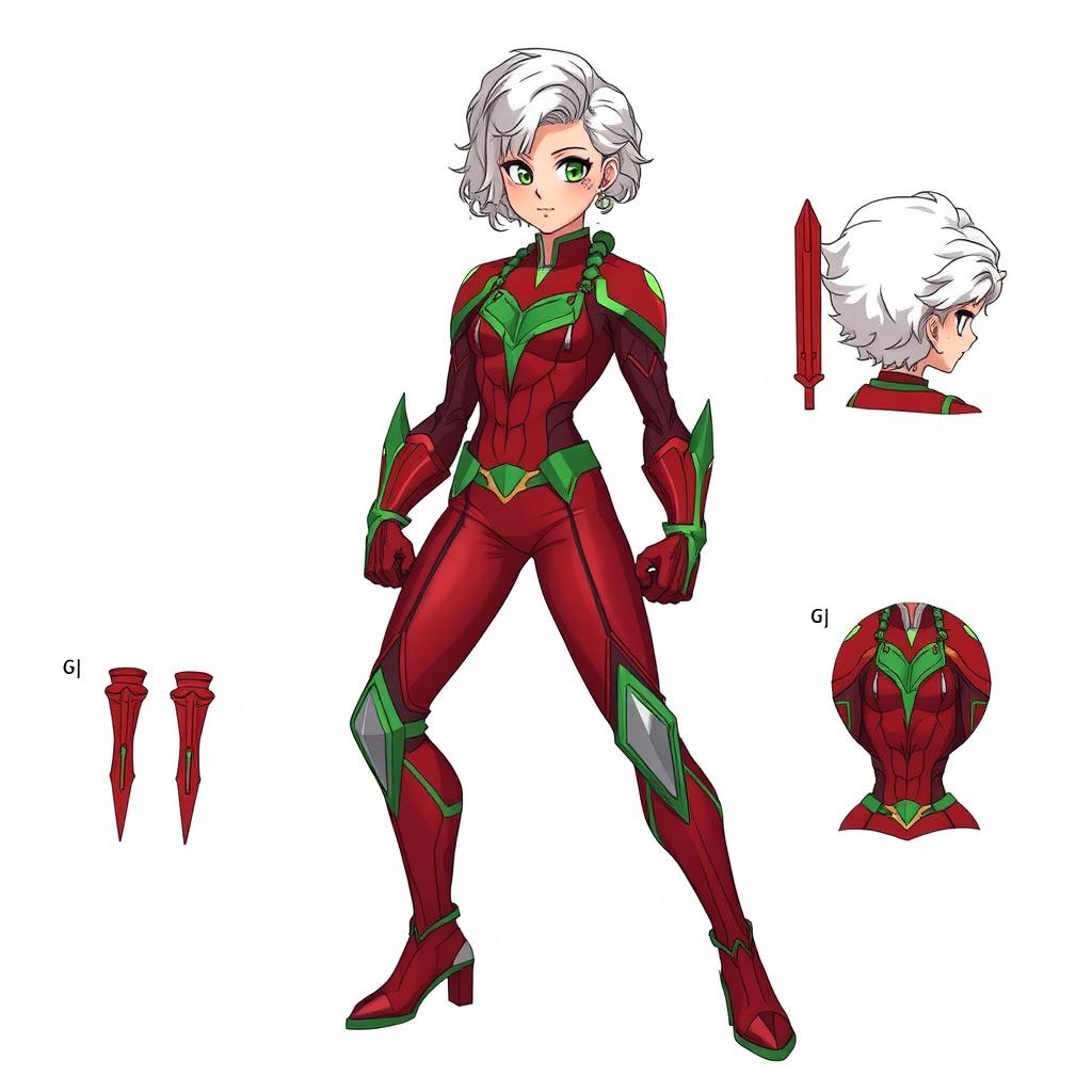 A hero suit design for an 18-year-old female hero named Crimson