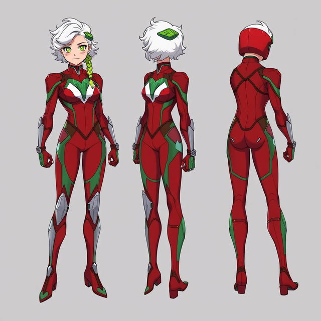 A hero suit design for an 18-year-old female hero named Crimson