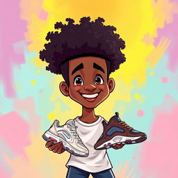 A cartoon of a man with an Afro hairstyle, holding a pair of shoes