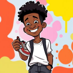 A cartoon of a man with an Afro hairstyle, holding a pair of shoes