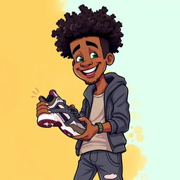 A cartoon of a man with an Afro hairstyle, holding a pair of shoes