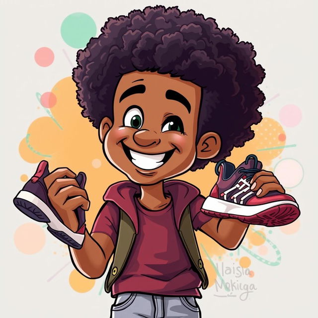 A cartoon of a man with an Afro hairstyle, holding a pair of shoes