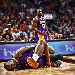 A tense sports moment capturing LeBron James and Kobe Bryant on the basketball court during an intense game