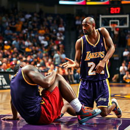 A tense sports moment capturing LeBron James and Kobe Bryant on the basketball court during an intense game