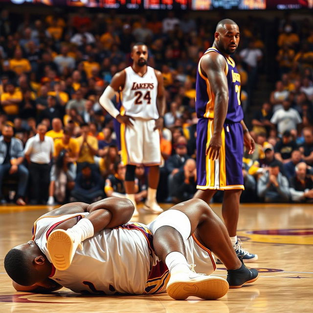 A tense sports moment capturing LeBron James and Kobe Bryant on the basketball court during an intense game