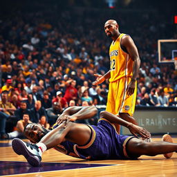 A tense sports moment capturing LeBron James and Kobe Bryant on the basketball court during an intense game